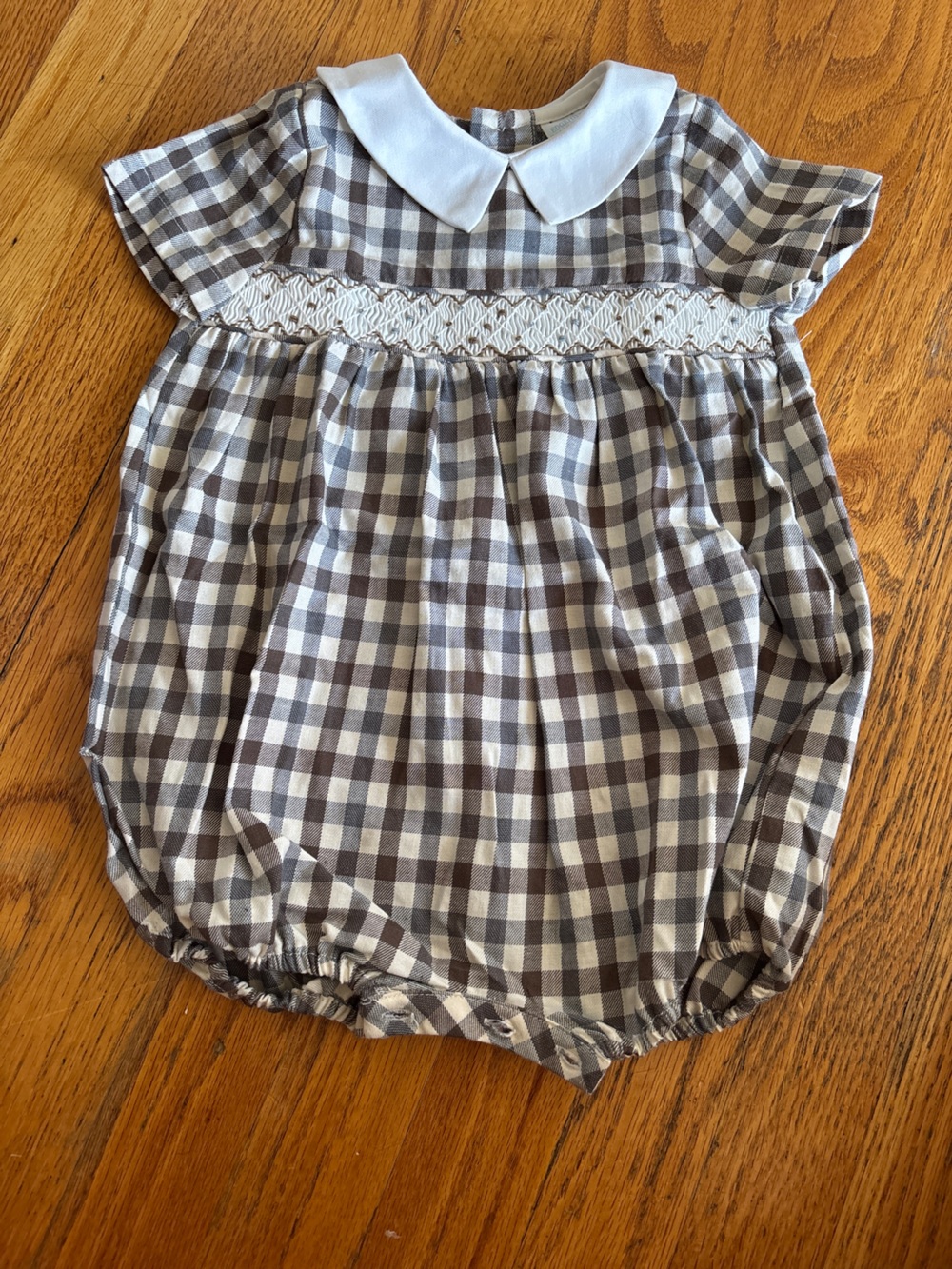 Edgehill Collection Gingham Smocked Bubble in Brown and Cream Gingham